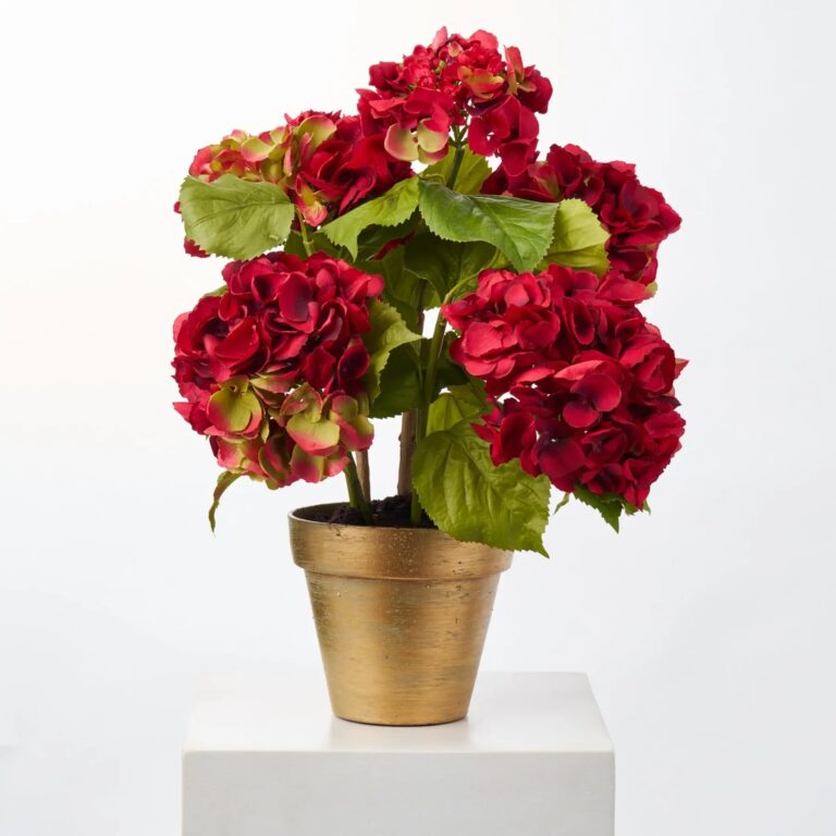 Potted Red Silk Hydrangea Stems Flowering Multi - Bloom Plant in Brushed Metallic Gold Pot