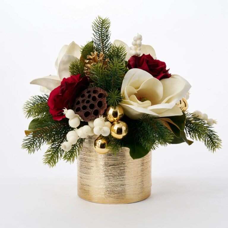 Real Touch Magnolia, Pine, Red Queen Rose and White Etched Gold Vase