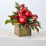 Classic Red Apple, Holly and Magnolia Leaf Christmas Arrangement Small Wood Planter Box - Red