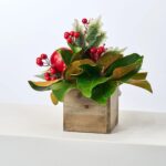 Alternate angle of the Classic Red Apple, Holly Small Wood Planter Box showing full plant