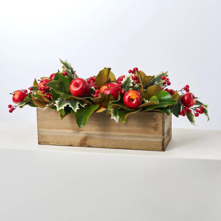 Classic Red Apple, Holly and Magnolia Leaf Christmas Arrangement Large Wood Planter Box - Red
