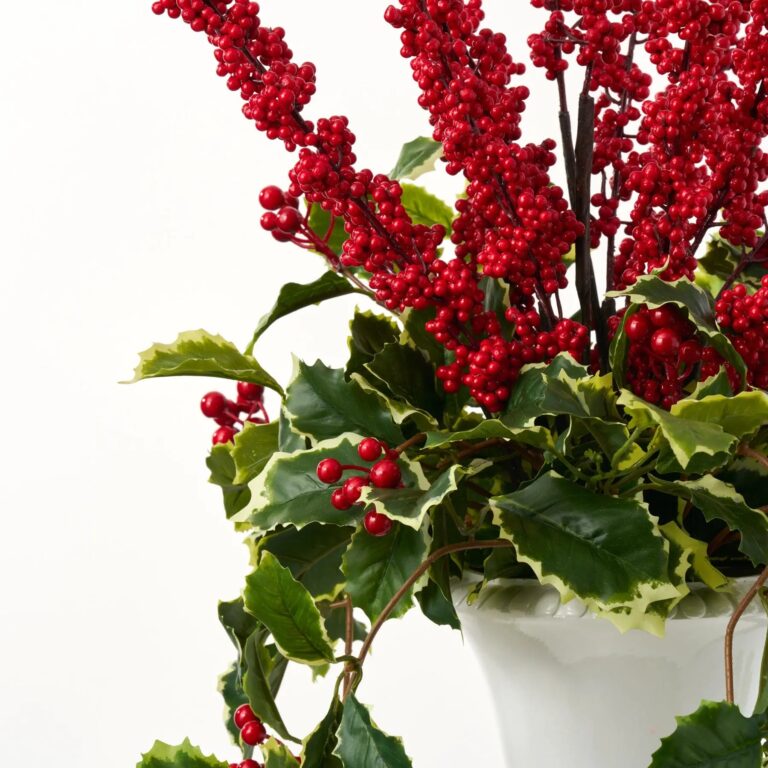Close-up of bloom cluster detail on this Lifelike Holly Leaf and Red Christmas Holiday Arrangement