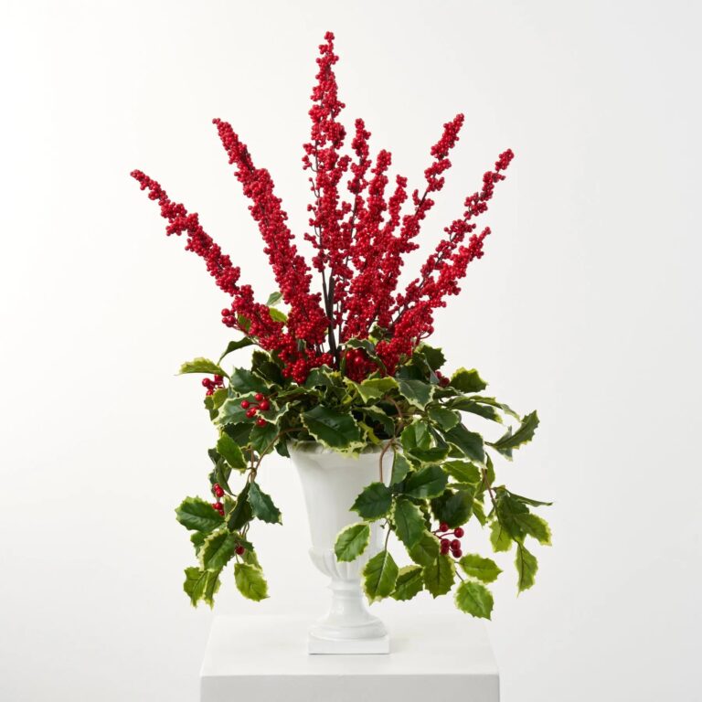 Lifelike Holly Leaf and Red Ilex Berry in Gloss Christmas Holiday Arrangement