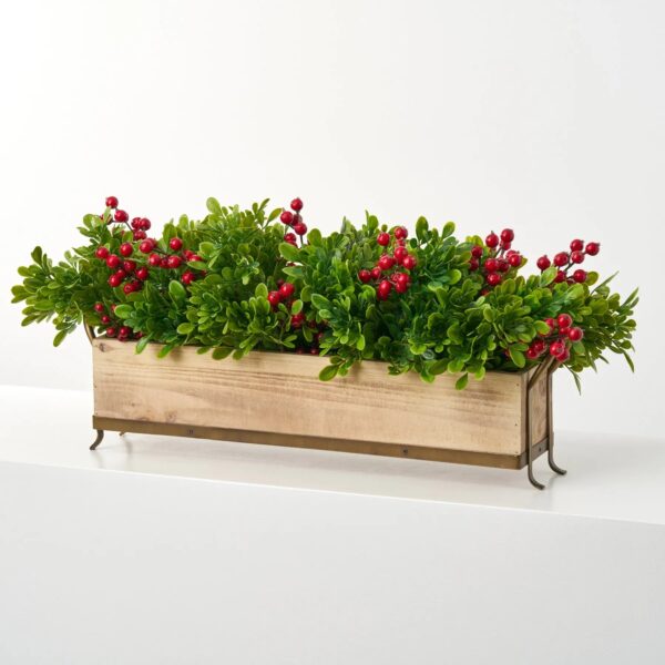Lifelike Holiday Boxwood with Red Winter Berry in Long Christmas Centerpiece Arrangement - Green Red