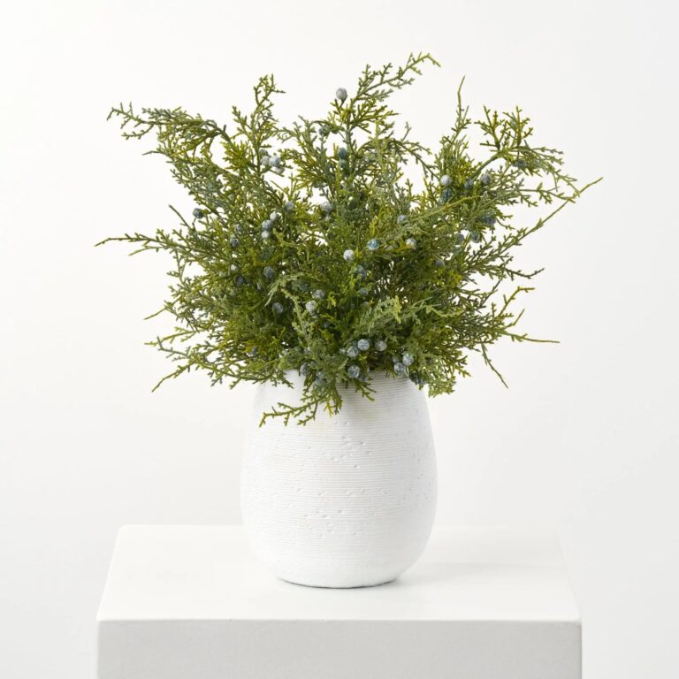 Lifelike Juniper Berry Small Faux Topiary Bush in Textured Winter Holiday Arrangement - Green