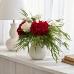 Home For The Holidays - Red Hydrangea, Mini White Christmas Centerpiece Arrangement - Red and