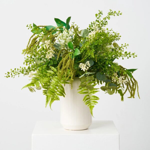 Mixed Fern and Wildflower Seeding Bush in Textured Cylinder Vase Everyday Greenery Centerpiece Arrangement