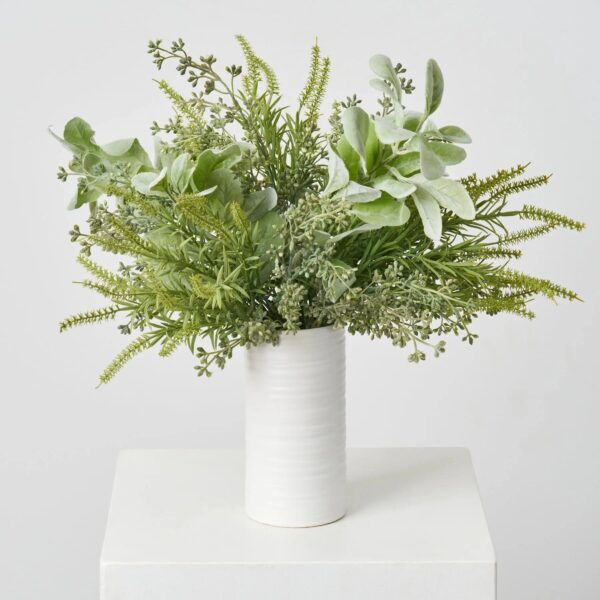Lifelike Lamb's Ear, Sage Green Astilbe and Seeding Bush White Cylinder Vase