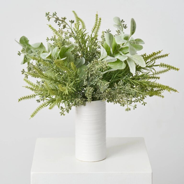 Lifelike Lamb's Ear, Sage Green Astilbe and Seeding Bush White Cylinder Vase