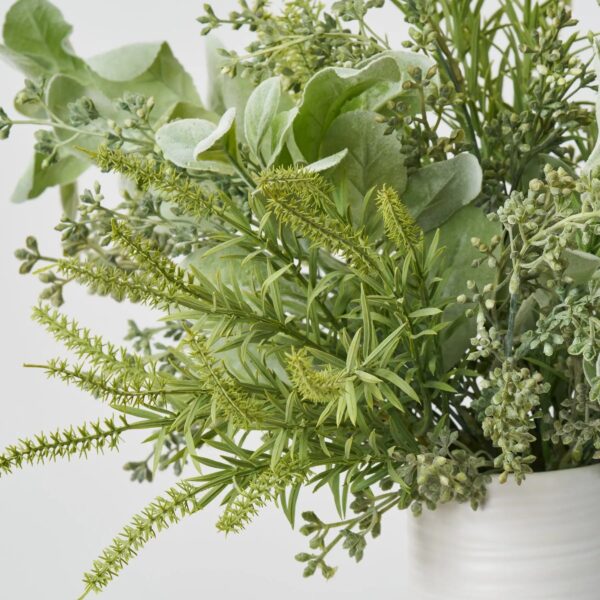 Close-up of vase silhouette detail on this Lifelike Lamb's Ear, Sage Green White Cylinder Vase