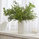 Alternate angle of the Lifelike Lamb's Ear, Sage Green White Cylinder Vase showing bloom arrangement