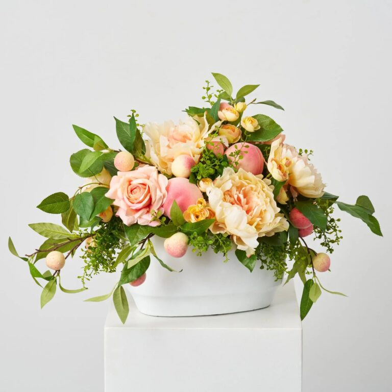 Feeling Peachy Queen - Peach Peonies and Roses, Real Summer Centerpiece Arrangement in White Concrete