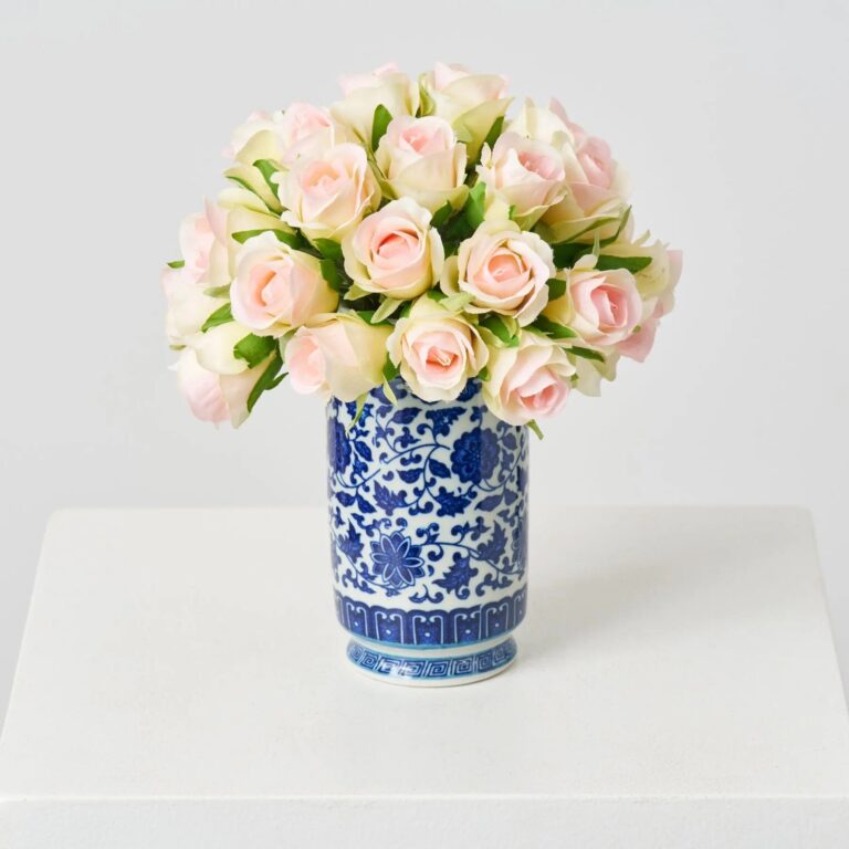 Pink and Green Mini Roses in Blue White Chinoiserie Floral Urn Vase Everyday Centerpiece Arrangement