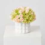 Lifelike Green Hydrangea and Blush Pink Mini Roses Floral Centerpiece Arrangement