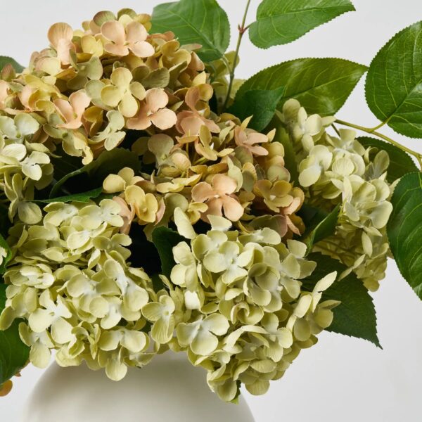 Close-up of vase silhouette detail on this Classic Green Neutral Mix Hydrangea Everyday Centerpiece Arrangement