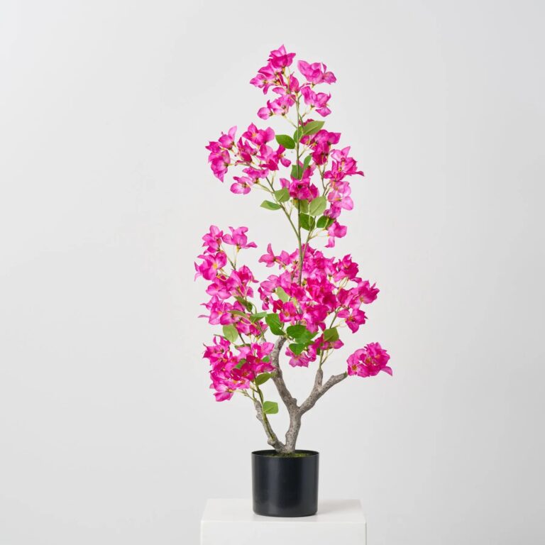Short Faux Magenta Bougainvillea Potted Tree Outdoor Urn Filler in Weighted Black Pot - 38