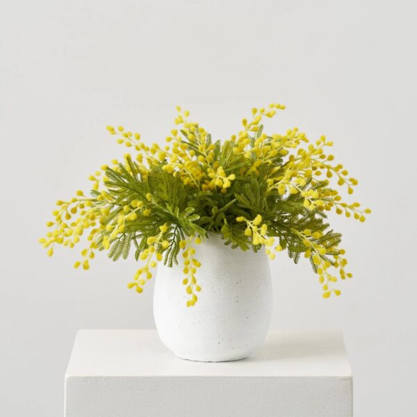 Lifelike Seeding Yellow Mimosa Foliage in Textured White Cement Pot Spring Floral Arrangement Centerpiece