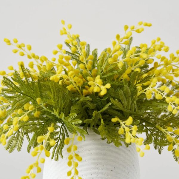 Close-up of bloom cluster detail on this Lifelike Seeding Yellow Mimosa Foliage Spring Floral Arrangement