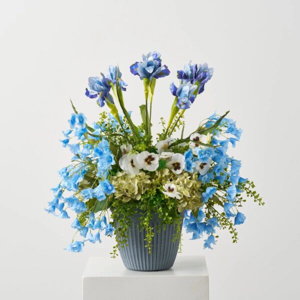 Hues of Blue - Iris, Bellflower, White Pansy Pot Filler Arrangement