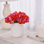 Lifelike Mini Orange and Pink Mixed Silk Tulip Blooms Spring Summer Arrangement