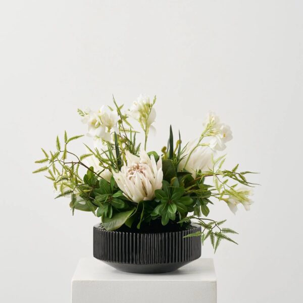 Jungle Elegance - Large White Protea Blooms, Wild Fern Black Glass Vase - White and