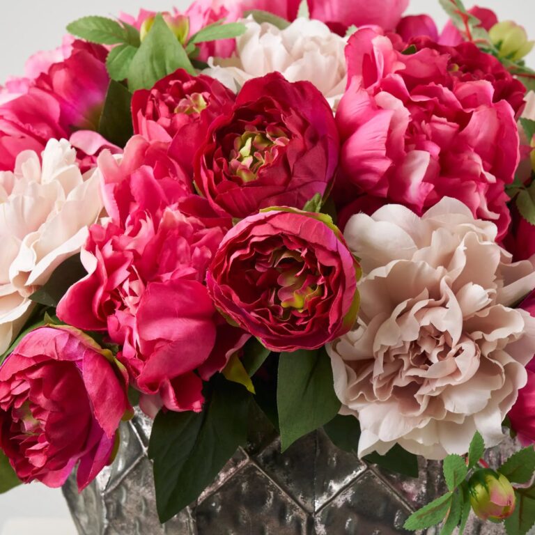 Close-up of leaf foliage texture on this Peony Bouquet - Mixed Pink, Spring Centerpiece Arrangement