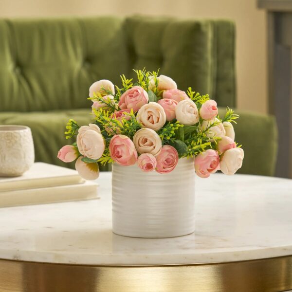 Mixed Pink and Blush Mini Ranunculus Blooms in Textured White Cylinder Vase Spring Floral Arrangement