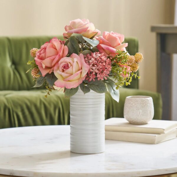 Mixed Pink Rose and Snowball Floral Bouquet in White Tall Cylinder Vase Spring Fall Arrangement