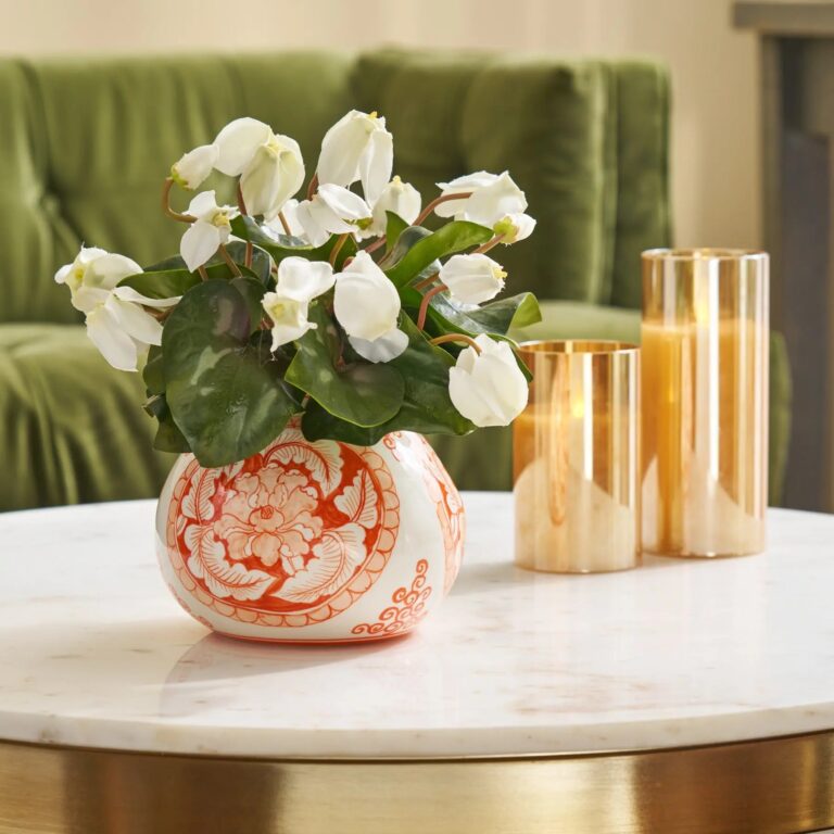 White Cyclamen Leaf and Bloom in Orange Chinoiserie Style Porcelain Vase Everyday Faux Floral Arrangement