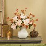 Linen Latte Blooms - Cream Mum and Dahlia, Brown Matte Vase - Cream Beige
