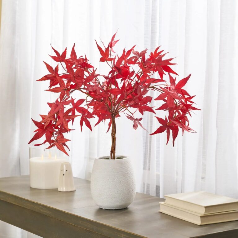 Faux Japanese Maple Bonsai Style Topiary Potted Tree Everyday Plant Arrangement - Red