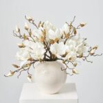 Classic White Magnolia Blooms and Branches in Cream Gloss Everyday Centerpiece Arrangement - White