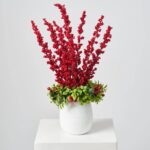 Winterberry Garden - Boxwood and Red Ilex Berry Christmas Holiday Centerpiece Arrangement in Texture White
