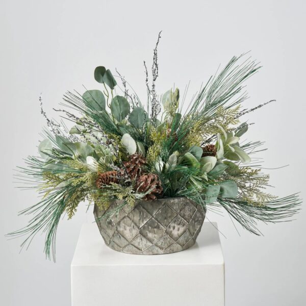 Iced Long Needle Pine, Glitter Cedar and Pinecone Mixed Bowl Christmas Arrangement Centerpiece
