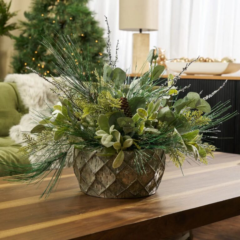 Close-up of bloom cluster detail on this Iced Long Needle Pine, Glitter Bowl Christmas Arrangement