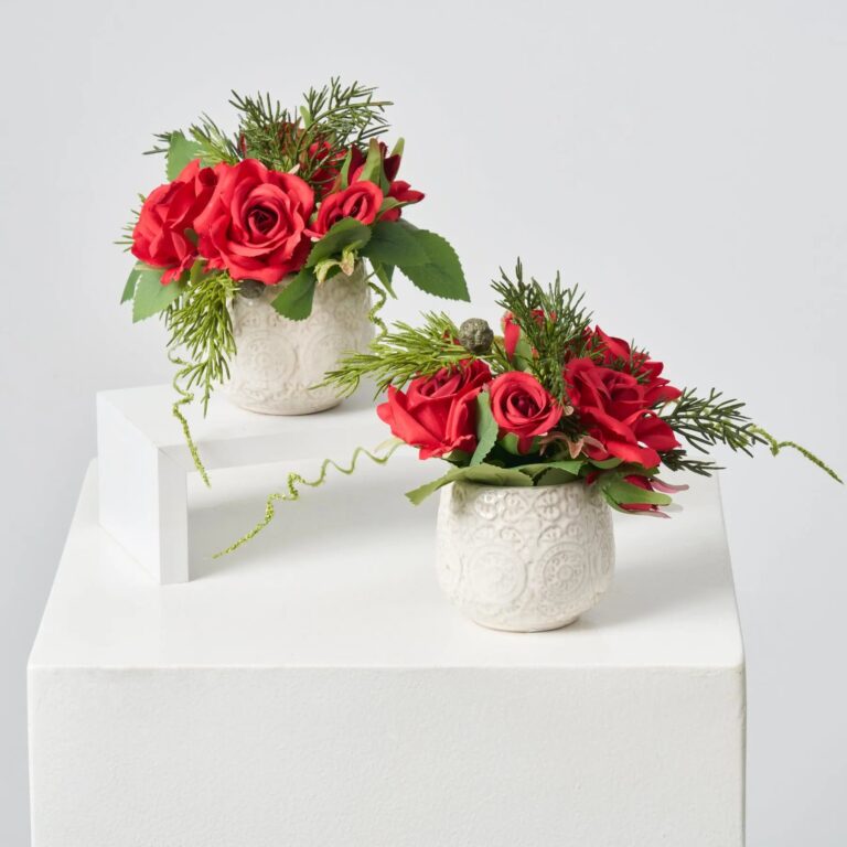Mini Red Christmas Rose and Juniper Greenery in Cream Holiday Decor Arrangement Set of 2