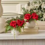 Alternate angle of the Mini Red Christmas Rose Holiday Decor Arrangement Set showing bloom arrangement