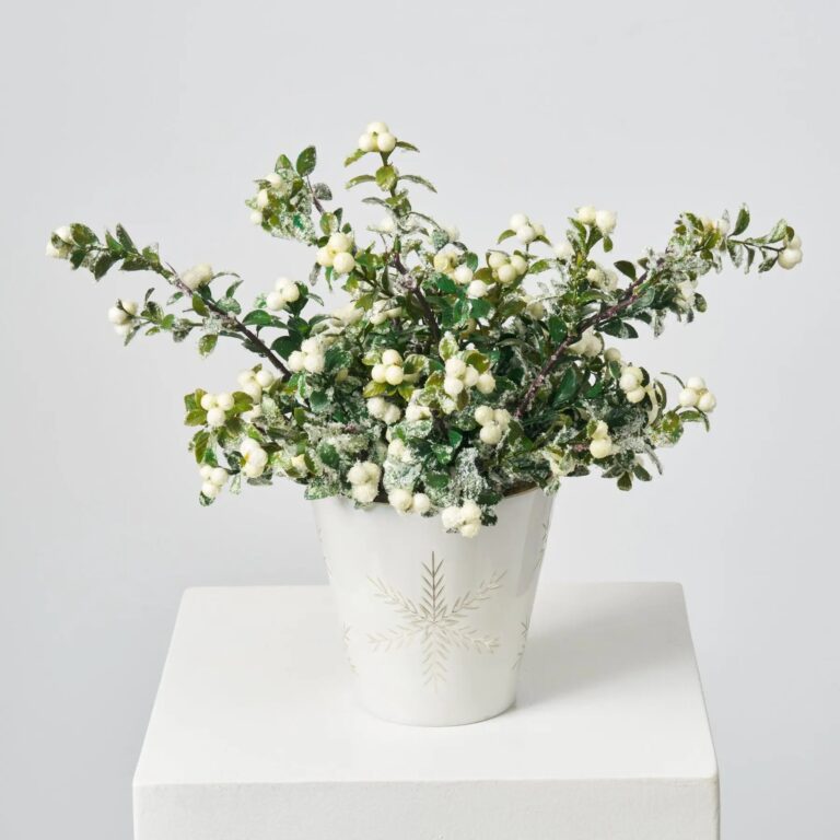 Glitter Cream Snowberry and Boxwood Greenery in White Snowflake Holiday Table Arrangement Christmas Decor
