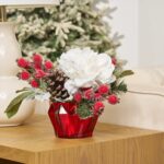 Close-up of vase silhouette detail on this Snow Covered Glitter White Peony, Vase Christmas Arrangement