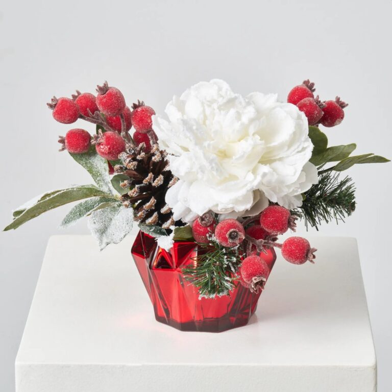 Snow Covered Glitter White Peony, Pinecone and Red Glitter Vase Christmas Arrangement