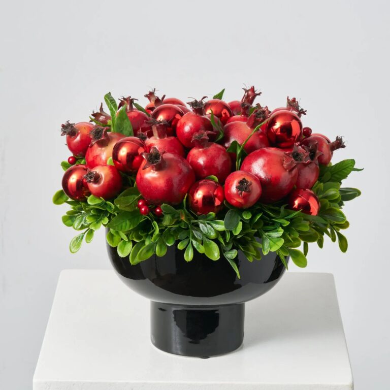 Christmas Crown of Pomegranates and Red Ornament Balls Bowl Centerpiece Arrangement - Red