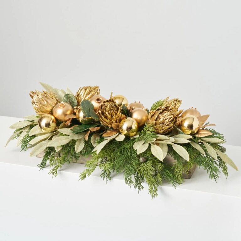 All That Glitters - Gold Sparkle King Protea, Pomegranate Cedar Christmas Arrangement Centerpiece - Gold