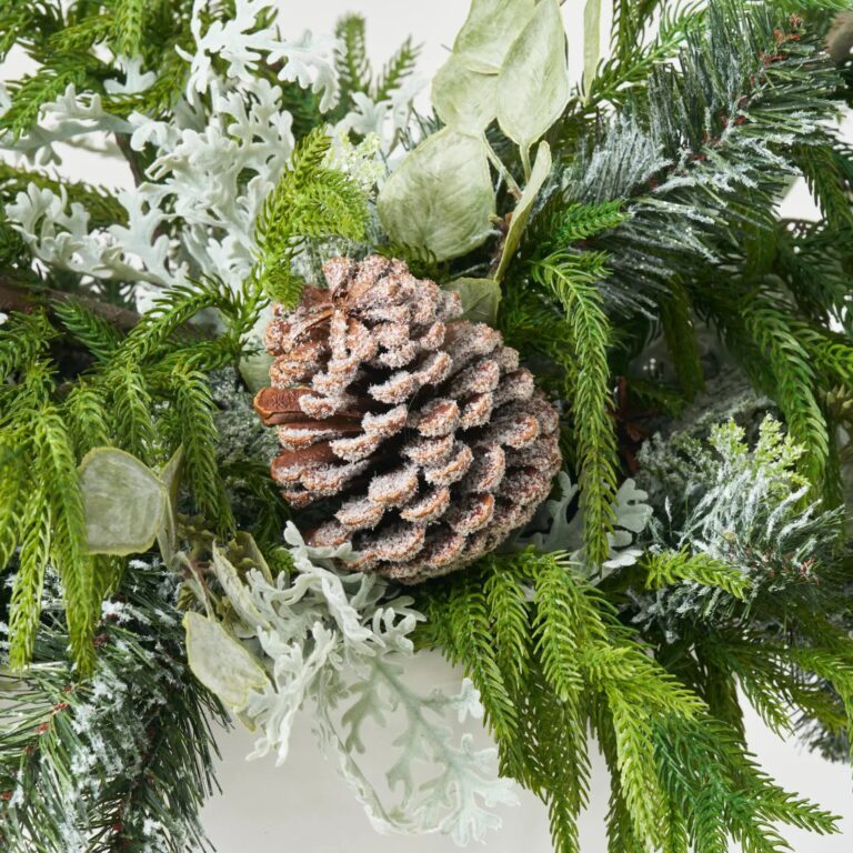 Close-up of vase silhouette detail on this Rustic Winter - Real Touch Christmas Centerpiece Arrangement