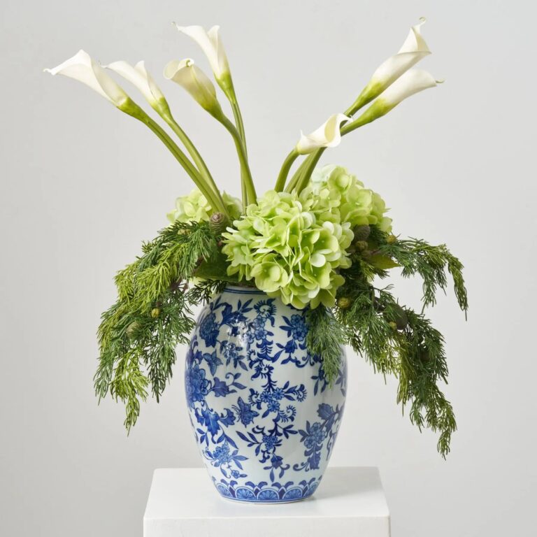 Lux Wintergreen - Real Touch Green Hydrangea, White Calla White Vase