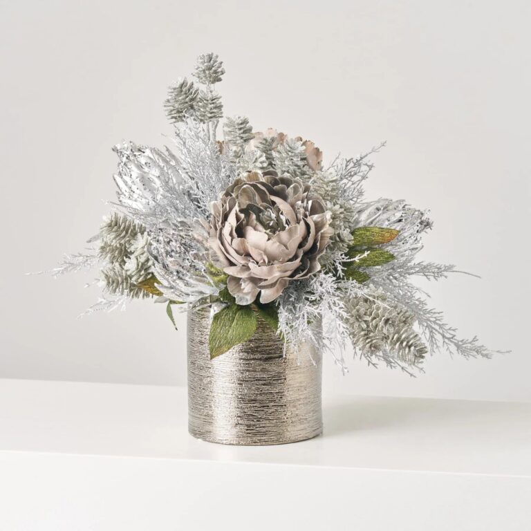 Silver Frost - Glitter Peony and Protea with Mini Pinecone and Sterling Silver Holiday Arrangement