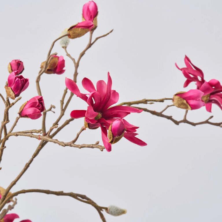 Close-up of vase silhouette detail on this Fuchsia Butterfly Magnolia Blooming Branch Spring Centerpiece Arrangement