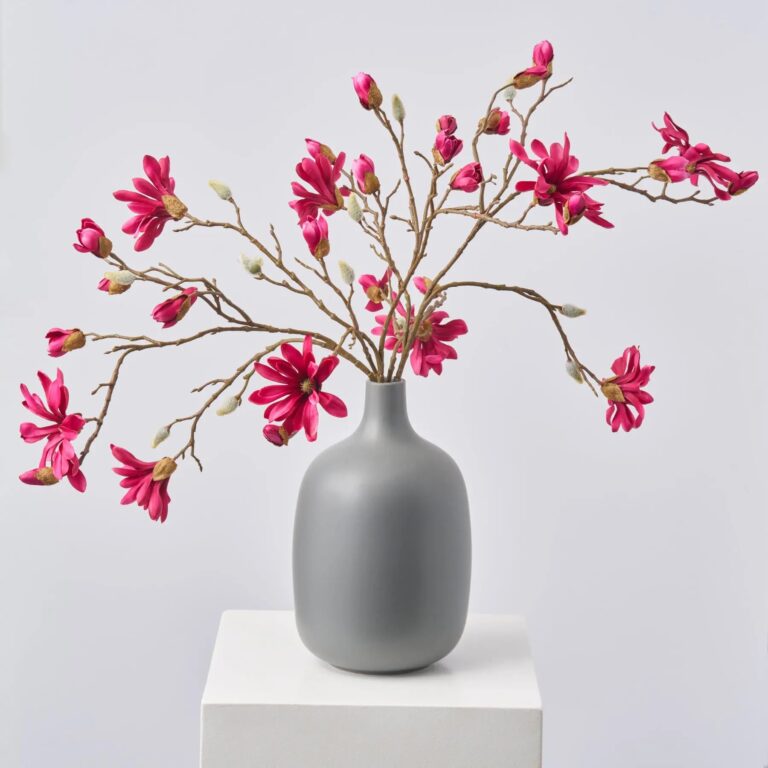 Fuchsia Butterfly Magnolia Blooming Branch and Bud in Ceramic Spring Centerpiece Arrangement - Fuchsia