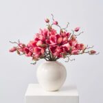 Fuchsia Pink Magnolia Blooms and Branches in Cream Gloss Everyday Centerpiece Arrangement - Fuchsia Pink