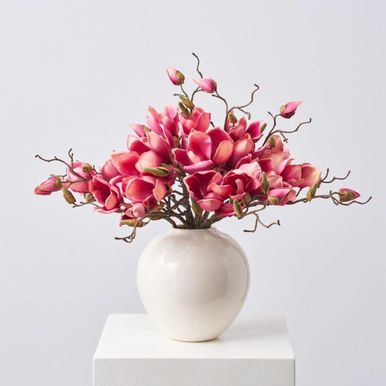 Fuchsia Pink Magnolia Blooms and Branches in Cream Gloss Everyday Centerpiece Arrangement - Fuchsia Pink