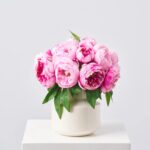 Pink Peony Bouquet in Glossy White Ceramic Modern Vase Spring Summer Centerpiece Arrangement